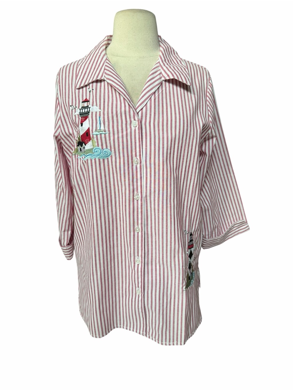 Deadstock w/o Tag Y2K Blair 60% Cotton Lighthouse Embroidered Striped Button Fro